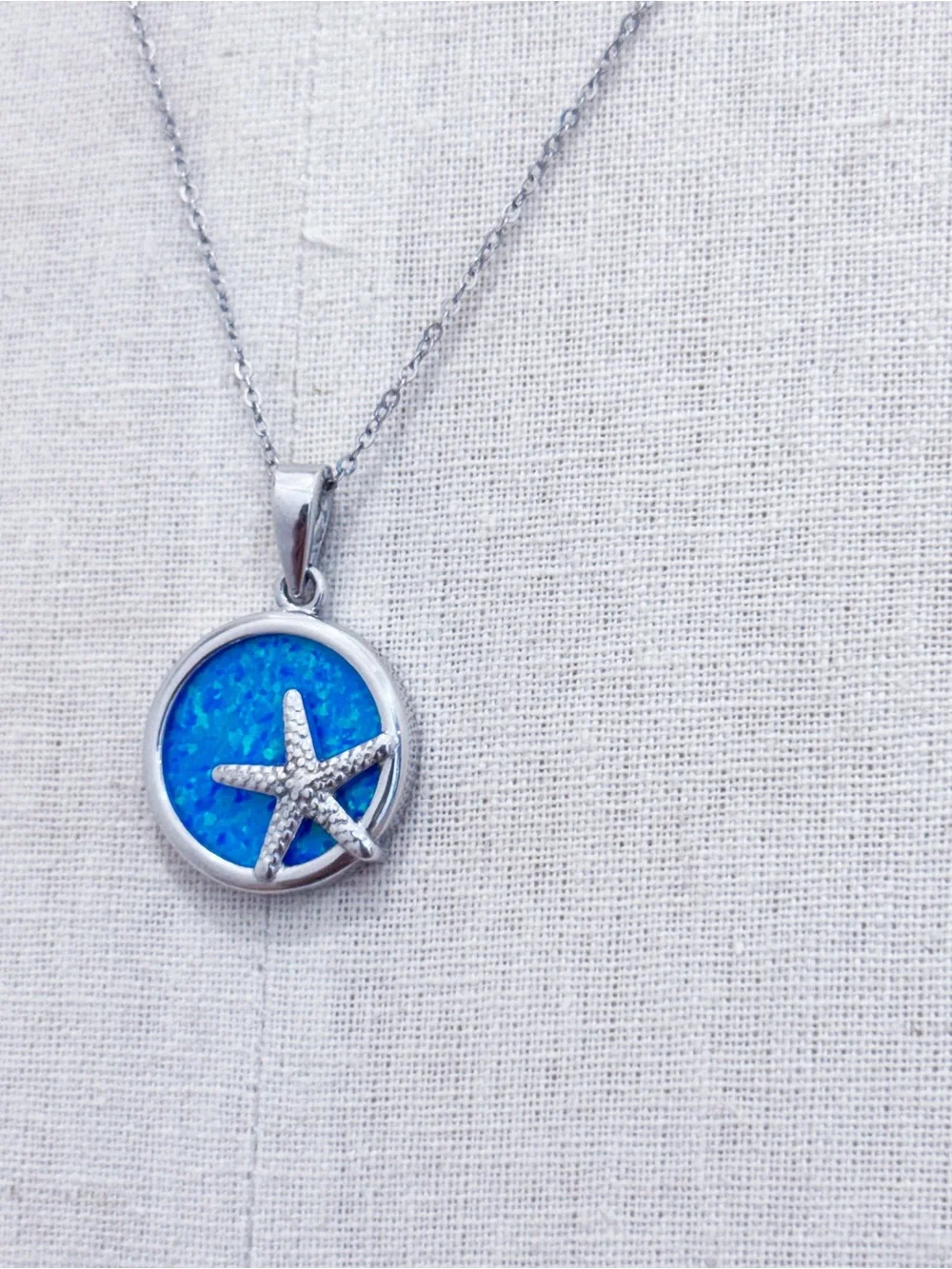 925 Lab Created Blue Opal Starfish Pendant Necklace NEW